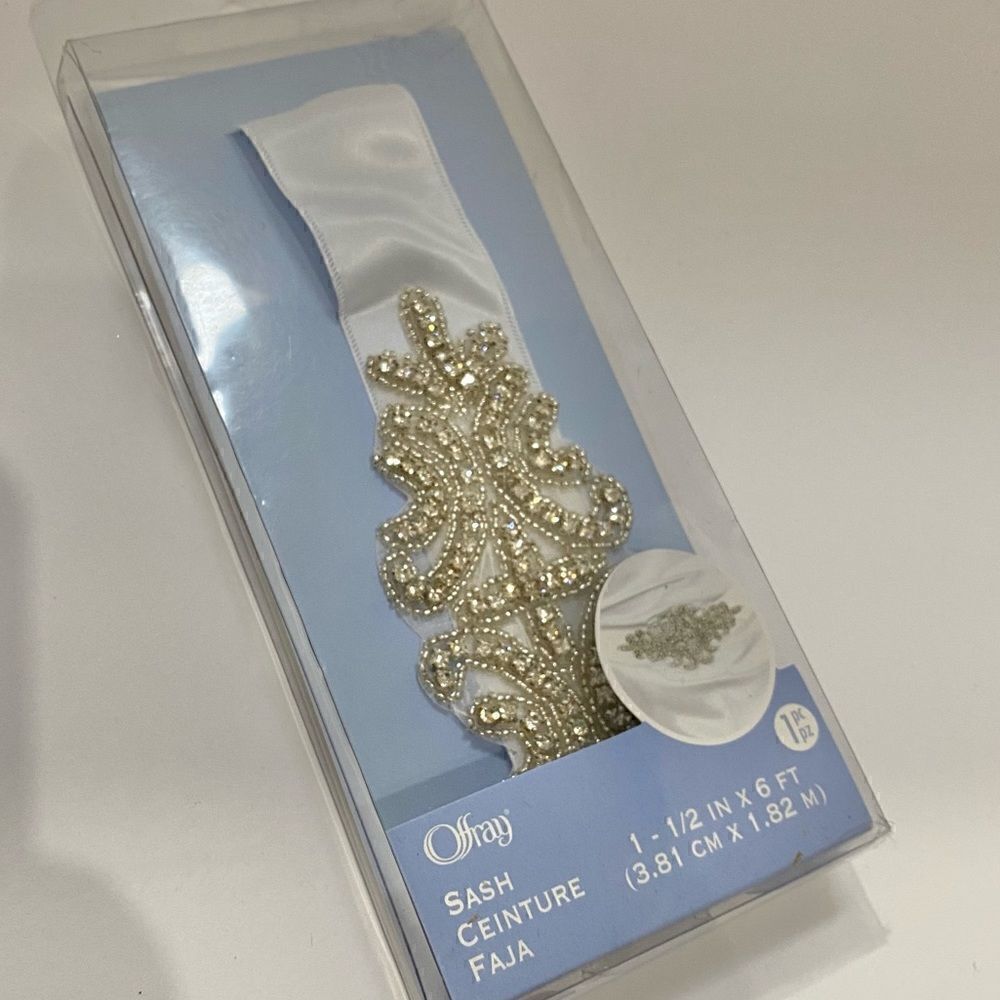 Offray Sash White Satin Ribbon Beaded Rhinestone